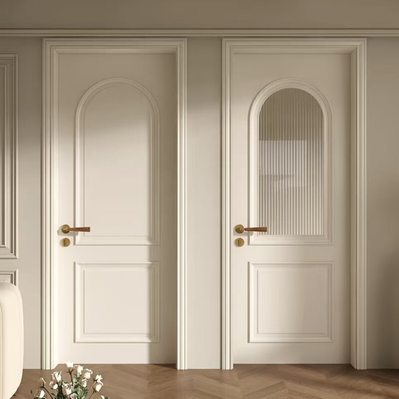 French-Style Cream-Colored Wooden Door, Painted White Solid Wood Door, Painted Interior Door, Natural Wood Door, Solid Wood Door with Flat Opening
