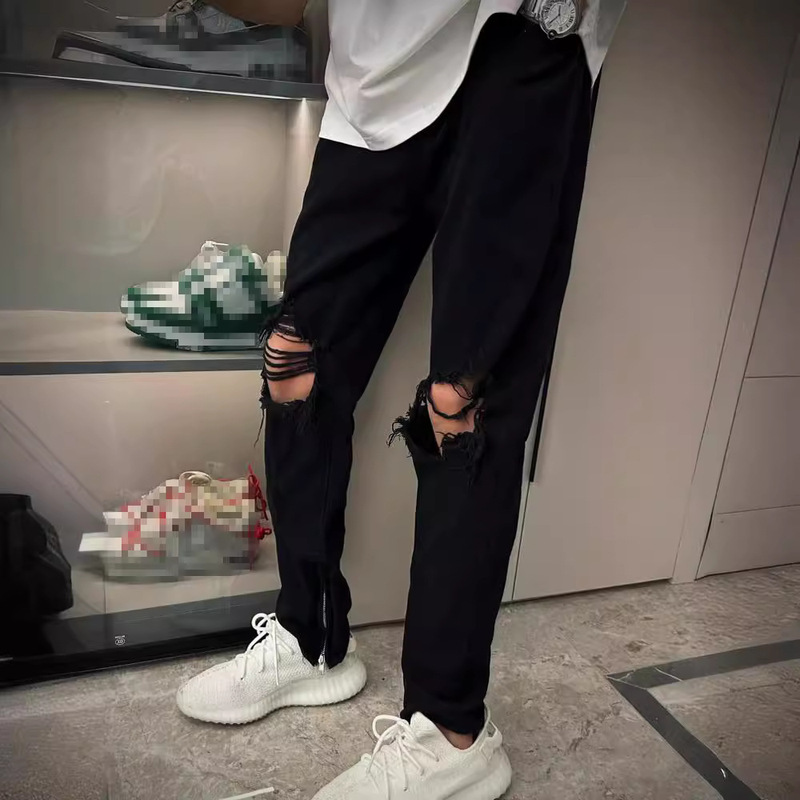 Black Retro High Street Knee Ripped Jeans Men's Summer Popular Trendy Brand Slim Fit Pants Straight Long Pants Black Retro High Street Knee Ripped Jeans Men's Summer Popular Trendy Brand Slim Fit Pants Straight Long Pants