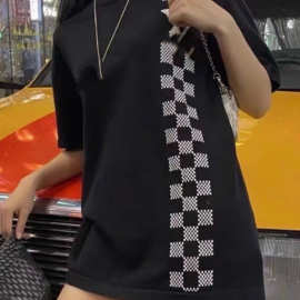 高版本驴家 26ss夏季新款棋盘格赛车格微标提花针织男女短袖T恤