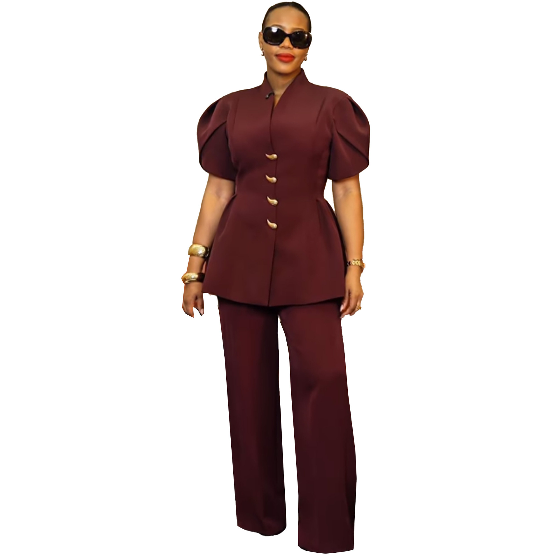 Completo elegante due pezzi con maniche a sbuffo per donna_voghion.com