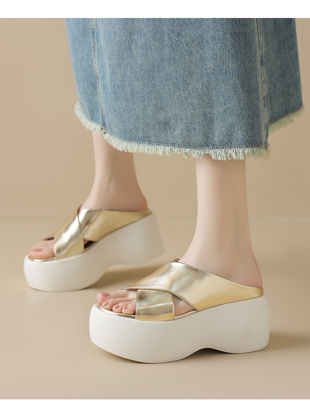 Dép sandal nữ quai chéo đế xuồng cao cấp, dây chéo mảnh, đế dày tăng chiều cao, thoải mái đi hè — Màu đen, Màu vàng, Màu bạc chi tiết 11