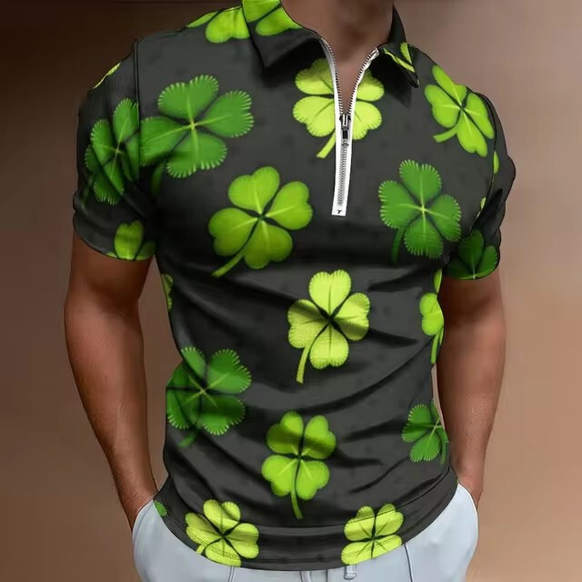 Fashion Polo Shirt Casual 3D Digital Printing Lapel Zipper Irish Clover 2024 Cross-Border Foreign Trade