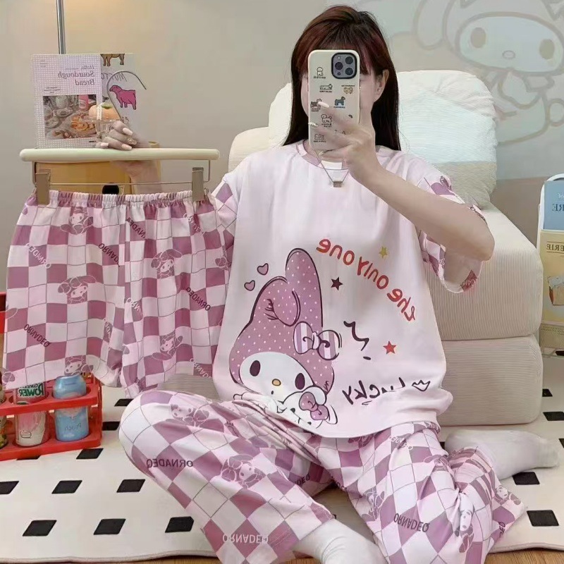 Pijamas de verano transfronterizos pijamas de leche de seda de tres piezas set de dibujos animados comercio exterior ropa para el hogar pantalones de mangas cortas lindos