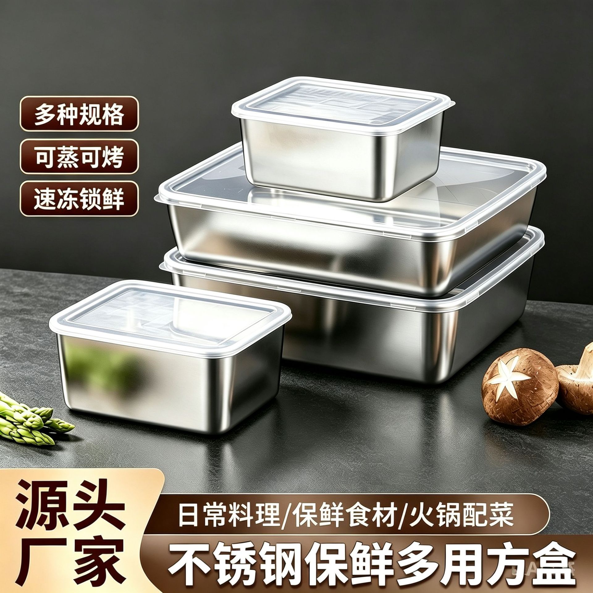 Stainless Steel Square Tray with Lid, Divided Storage Box, Hot Pot Prep Box, Deep Square Outdoor Picnic Box, Dumpling Box