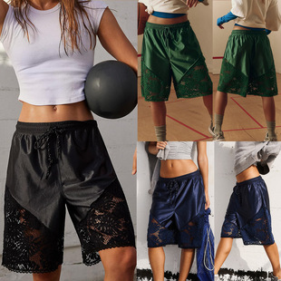 Women's Lace Splicing Mid-Pants Summer New Style Comfortable Casual Versatile Lace-Up Loose Sports Shorts Su4025