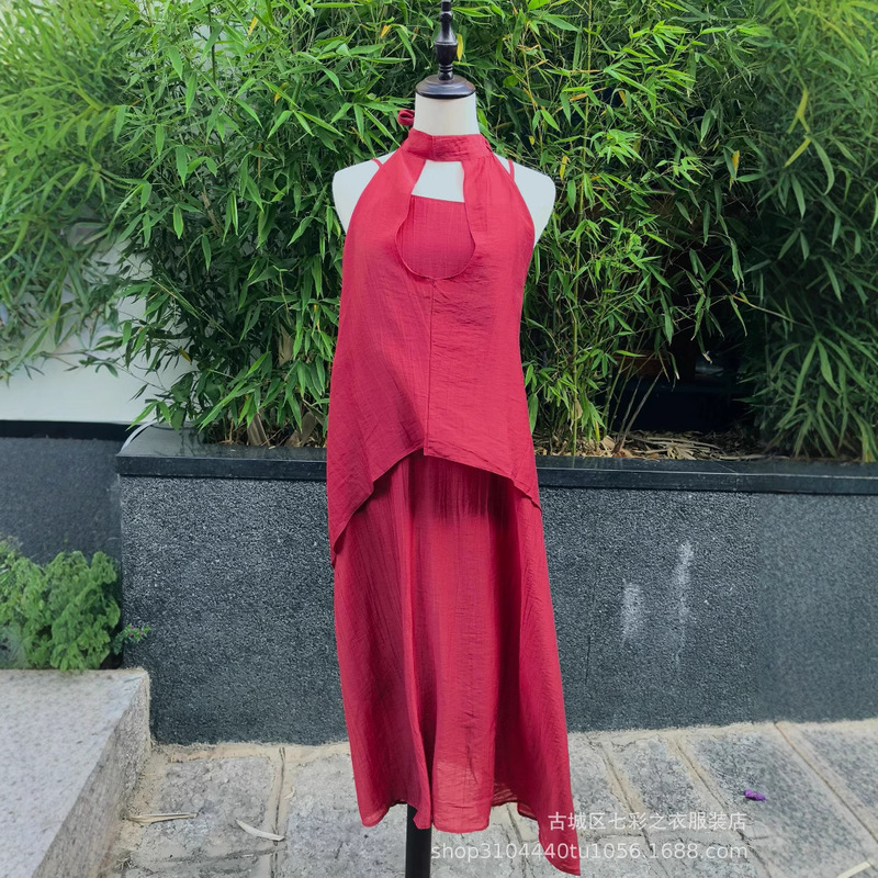 White Tie-Dye High-End Copper-Colored Vacation Style Halterneck Off-Shoulder Irregular Design Slimming Dress Two-Piece Set