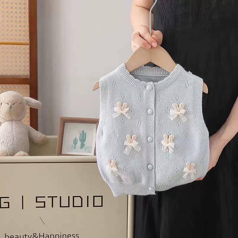 Children's sweater, knitted vest with bow girl's, demi-season cardigan, Korean style