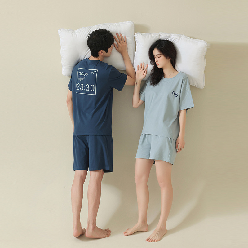 [Cool Cotton] Spring and summer couple pajamas women's cotton short sleeve cotton men's wholesale pull frame cotton suit home clothes