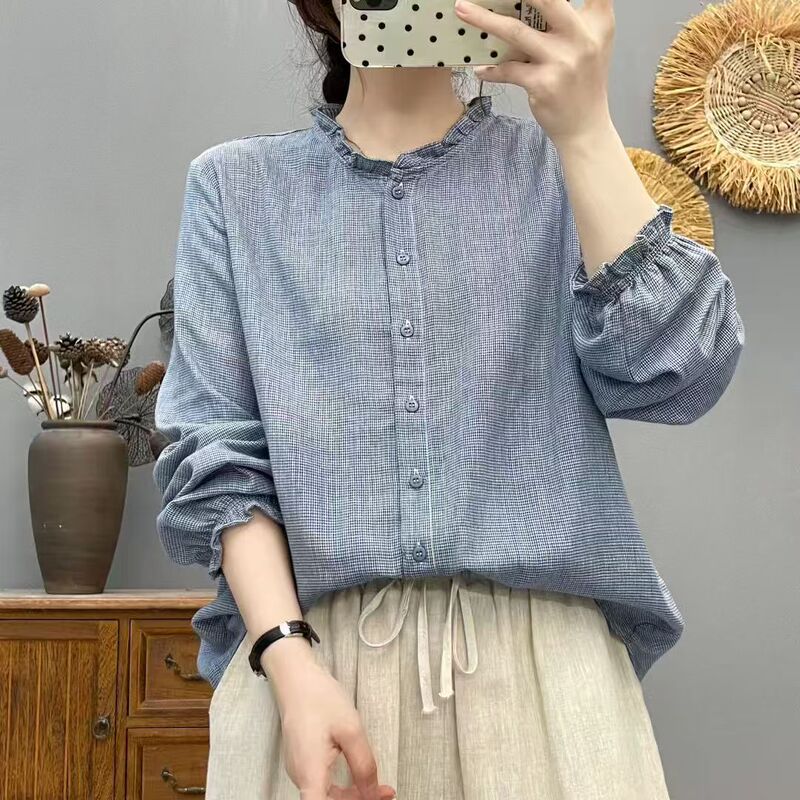 Autumn 2025 Plaid Shirt Long-Sleeve Shirt Top New Loose Casual Korean Style College Style Ruffle Collar Shirt