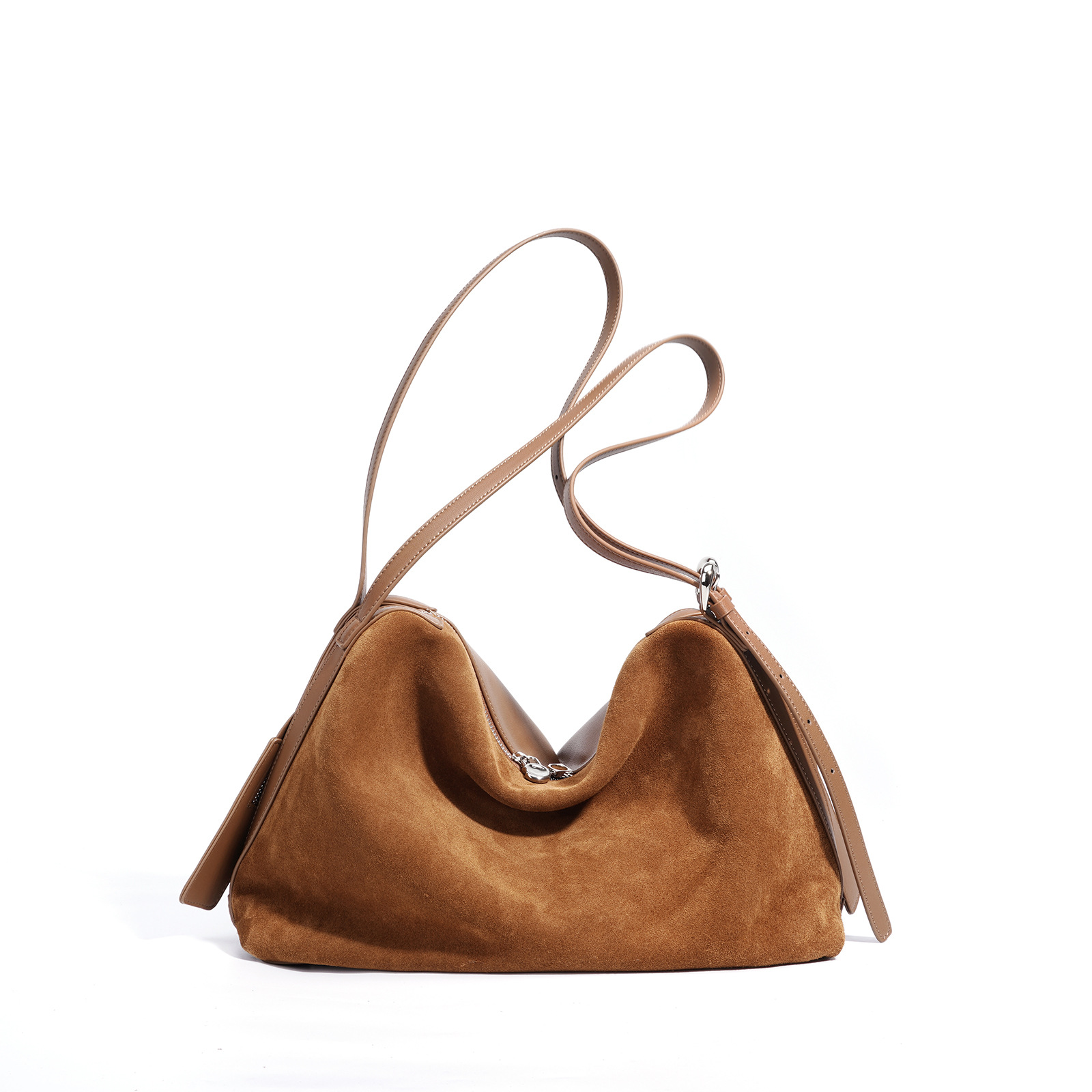 Matte Suede Boston Handbag For Women New Retro Large Capacity Tote Bag Fashion Versatile Genuine Leather Shoulder Bag - Thumbnail 7