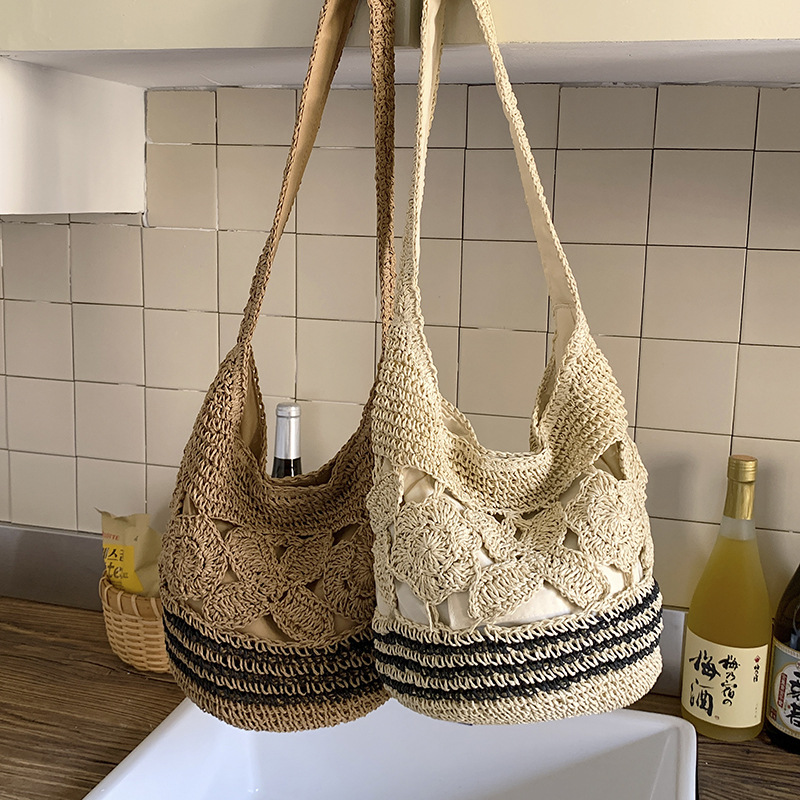 Handmade Rattan Woven Shoulder Bag With Leather Trim Eco Friendly_voghion.com