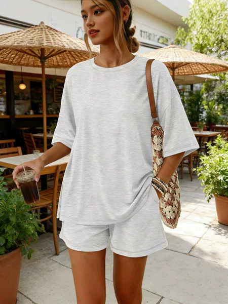 European and American Cross-Border Amazon Hot-Selling Fashion 2-Piece Summer Set with Oversized Top and Loose Shorts with Pockets