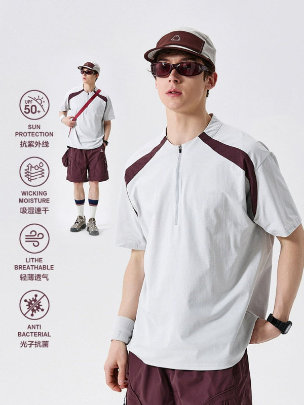 OOTD アウトドア カラーブロック ハーフジップ 速乾 スポーツ Tシャツ メンズ 夏 日焼け止め 薄手 涼しい 抗菌 カップル 半袖|undefined