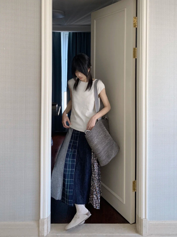 日系流浪风拼接格子半裙女春秋开叉设计感牛仔A字碎花半身中长裙|undefined