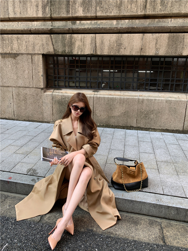 风衣女中长款外套南韩大女主气质经典宽松高个子翻领双排扣大衣|undefined