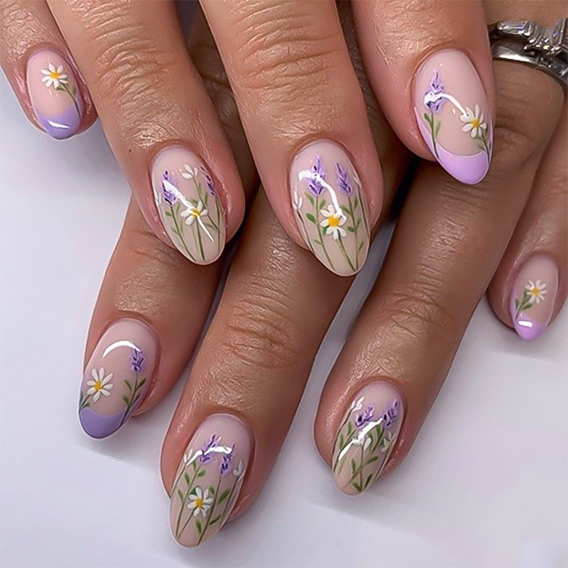 Spring and Summer Fresh Ins Daisy Flower Nail Art False Nail French Purple Dressing Armor Detachable Almond Armor Spring and Summer Fresh Ins Daisy Flower Nail Art False Nail French Purple Dressing Armor Detachable Almond Armor