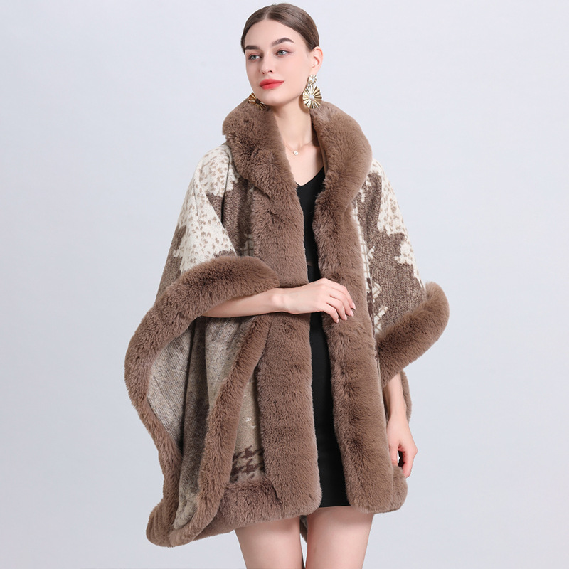 Jacquard fringe hooded cape cape loose knit cardigan plus-size woolen coat_voghion.com