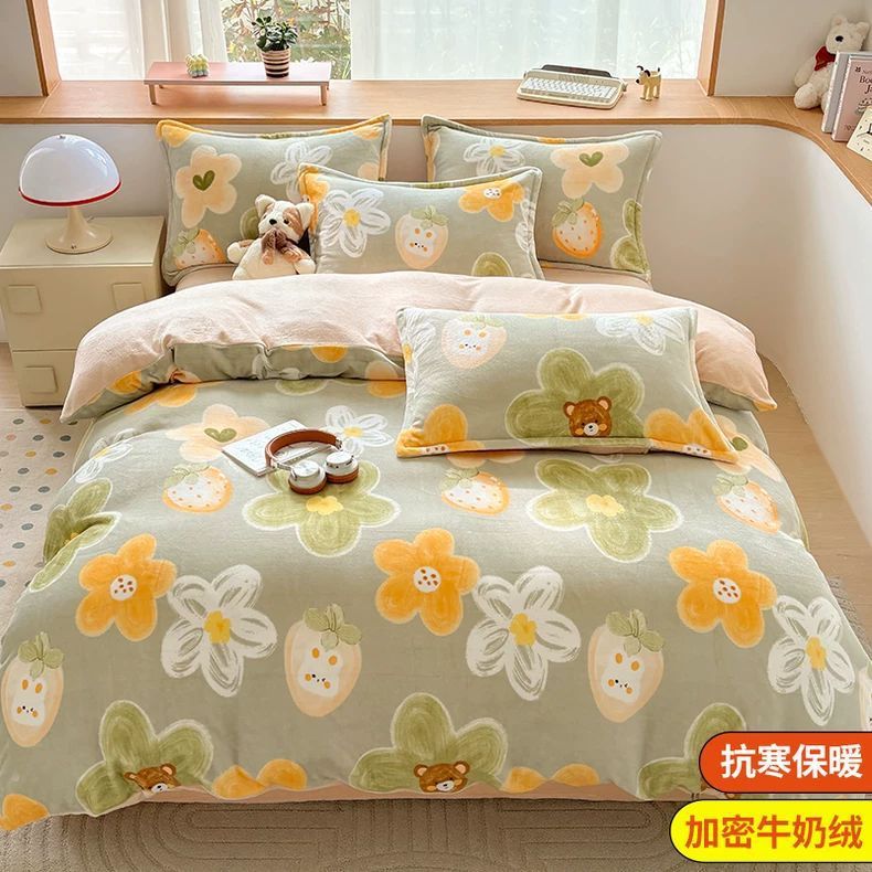 Invierno leche de cama de lana de cuatro piezas con una brida de lana de coral gruesa sábanas cubiertas de dibujos animados para niños con tres piezas