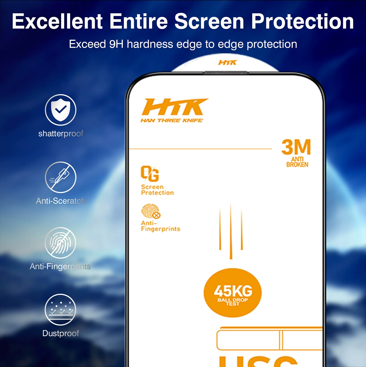Закалённое стекло‑защитное для Apple iPhone 17 / 17 Pro / 16 Pro / 15 серии, USG сверхпрочное, анти‑пальцы