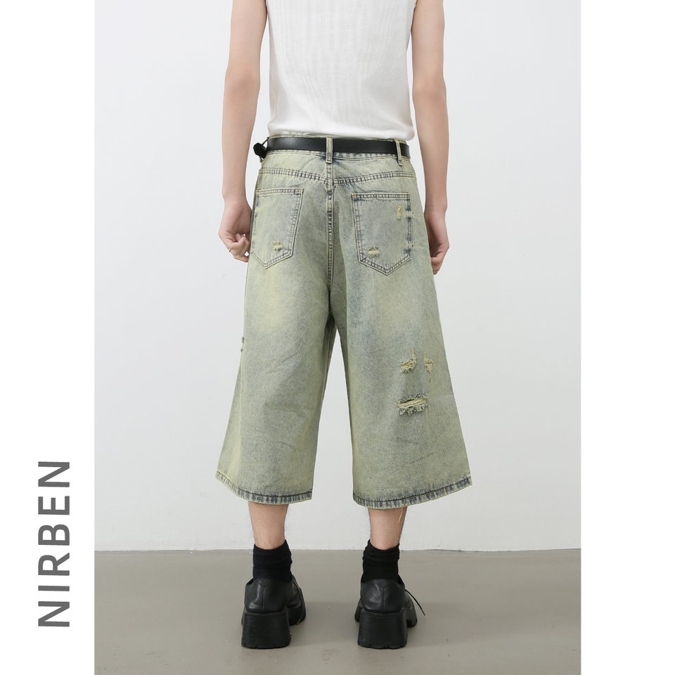 Quần short jean nam ống rộng ống thẳng dáng lửng rách nhẹ — Màu xanh lam