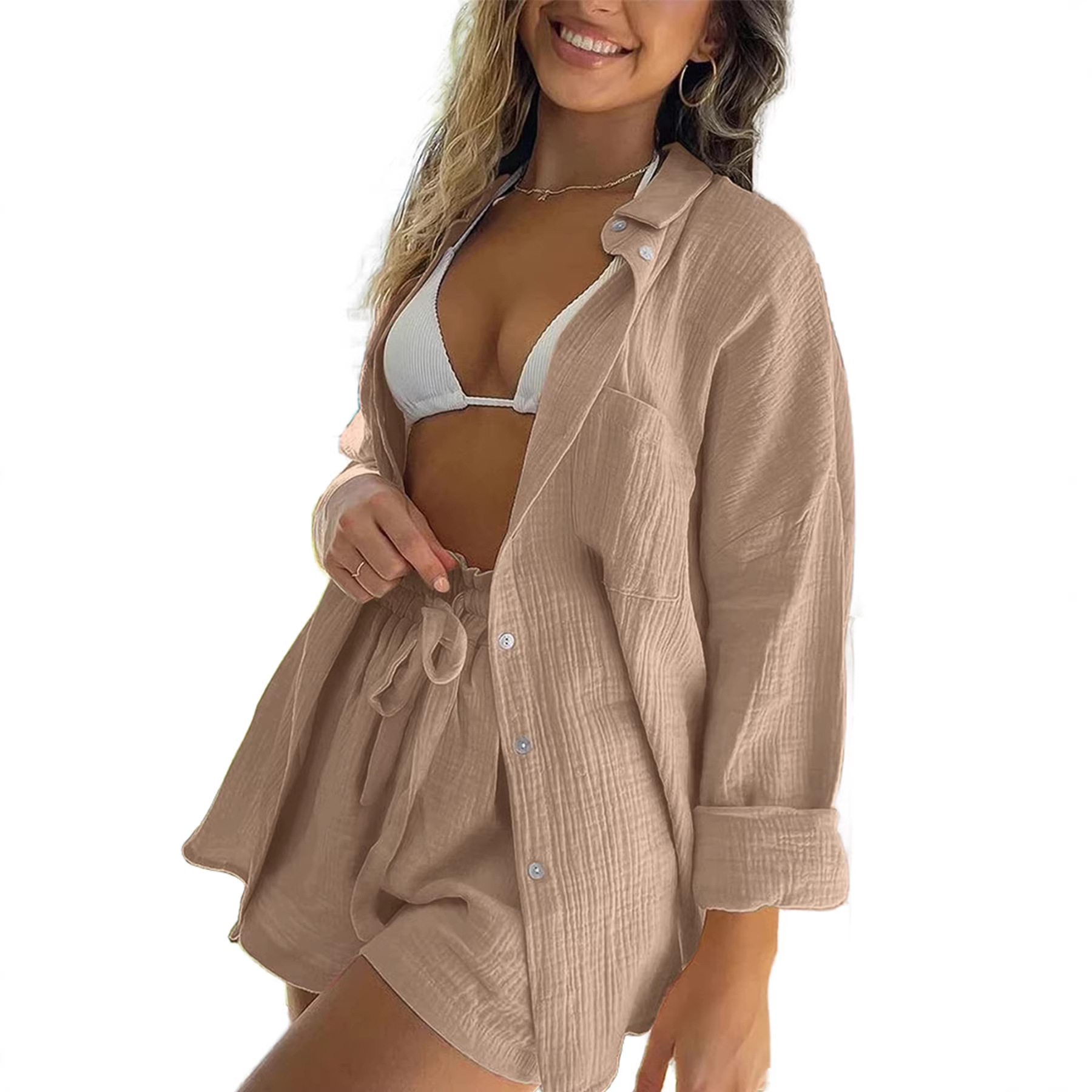 Women's Wrinkle Textured Button-Down Shirt With Relaxed Shorts Set - Casual & Office Wear Soft Stretch Comfort_ecoleips.com