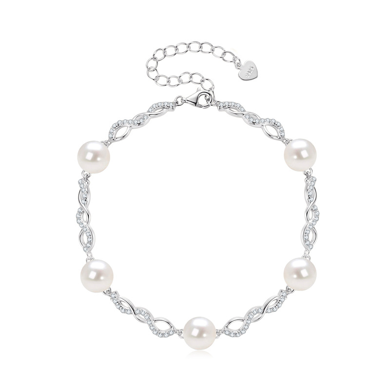 Elegant Silver Moissanite Pearl Bracelet, Natural Freshwater Pearl Jewelry for Women, Mother's Day Gift