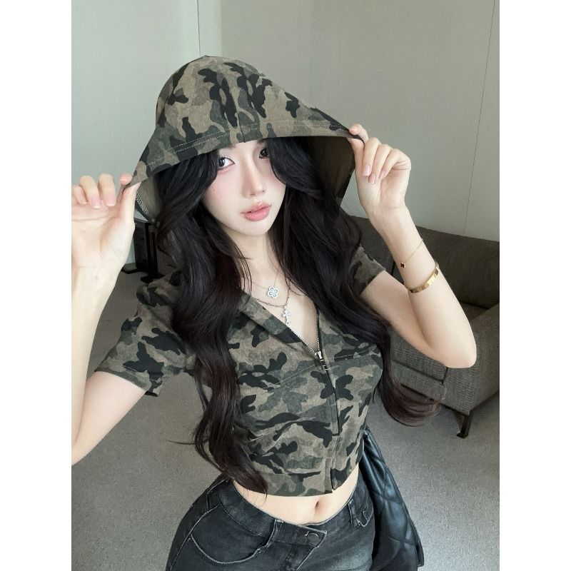 Retro Zipper Cardigan Outer Wear Camouflage Hooded Top Women's Slim Ins Sexy Short-Sleeved Casual Sports Short T-Shirt Retro Zipper Cardigan Outer Wear Camouflage Hooded Top Women's Slim Ins Sexy Short-Sleeved Casual Sports Short T-Shirt