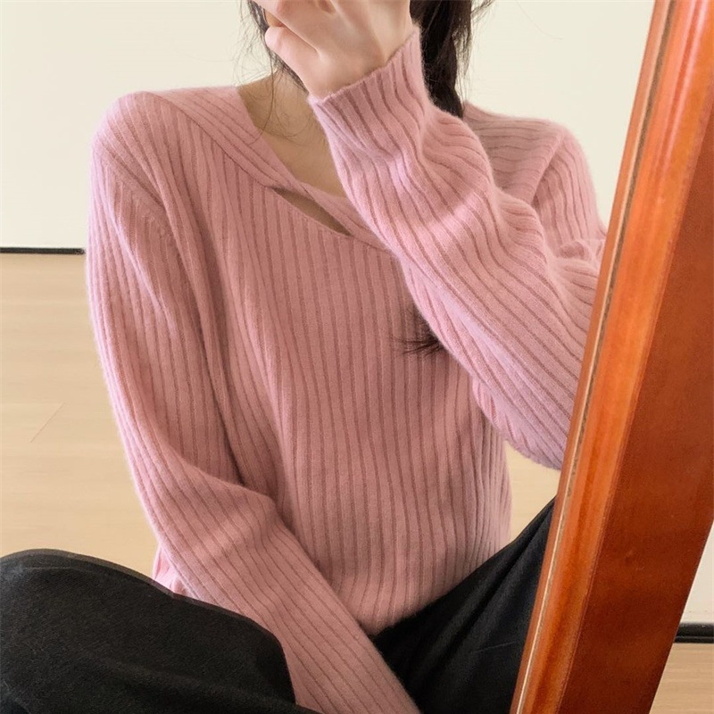 2025 nuevo diseño de torsión de hombro suéter de overhead mujeres otoño invierno vestido en el interior con camiseta de punto de manga larga
