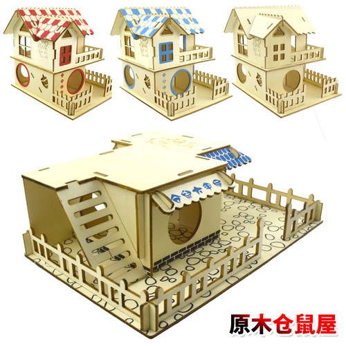Log hamster house double-story single-family villa large flat-floor basswood board laser small pet climbing frame golden bear staircase