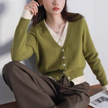 CHICVE「城市寻觅」秋季正肩V领撞色假两件单排扣毛针织开衫长袖