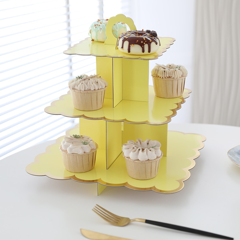 使い捨て多層紙ケーキスタンド誕生日パーティー用品三層ホットスタンピングデザートテーブルケーキオーナメント装飾|undefined