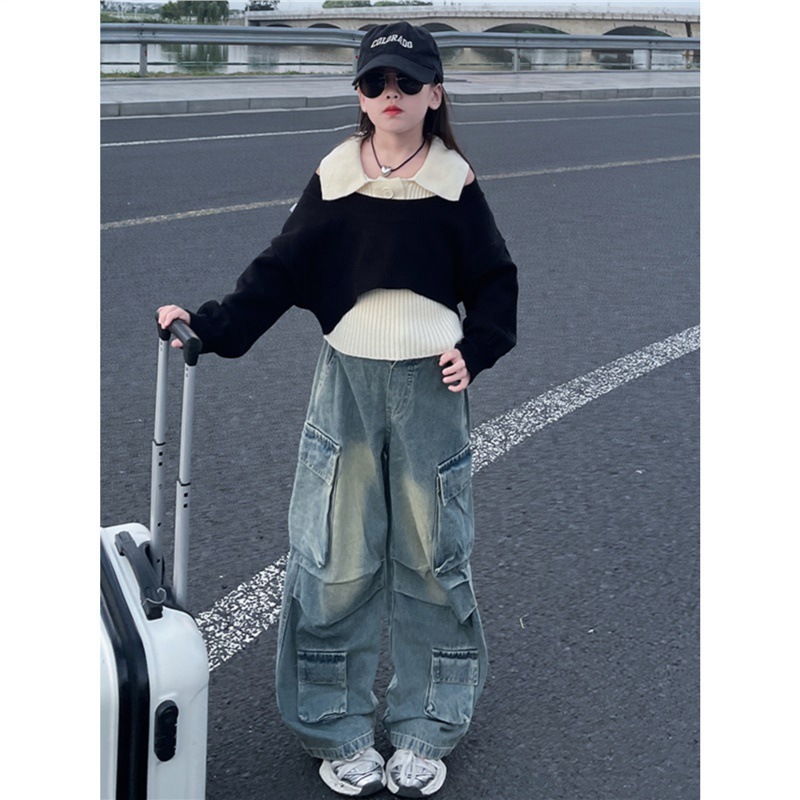 女童洋气翻领毛衣两件套2025新款辣妹儿童装露肩春秋炸街短款上衣