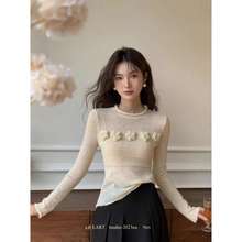 跨境法式气质纯欲微透花朵毛衣秋冬新款韩版优雅圆领针织衫上衣