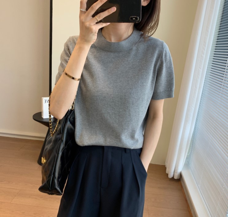 2025高品质单品~极简风超细棉小圆领针织半袖短袖T恤女春夏|undefined