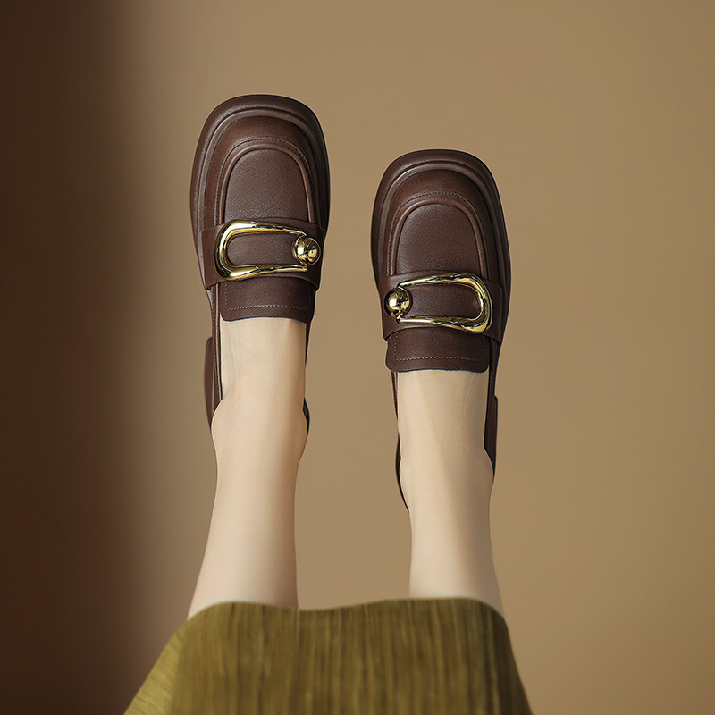 [Morning Size] Elevated Thick Sole Slip-on Loafers Women's British Style Small Leather Shoes Fashion Metal Buckle High Heel Shoes