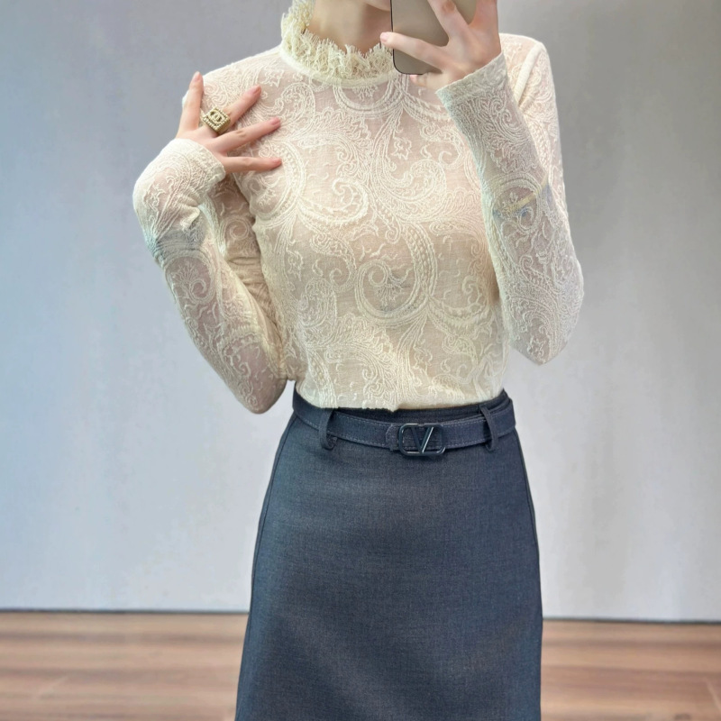 Summer 2026 Women's Retro-Style Apricot-Colored Half-High Collar Lace See-Through Long-Sleeve Flared Sleeve Elegant Top