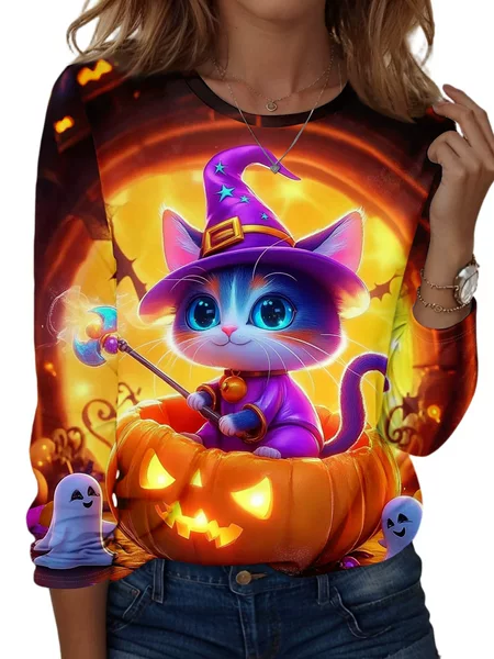 2025 Spring and Autumn Round Neck Halloween Casual Loose Long Sleeve European and American Women's Tops