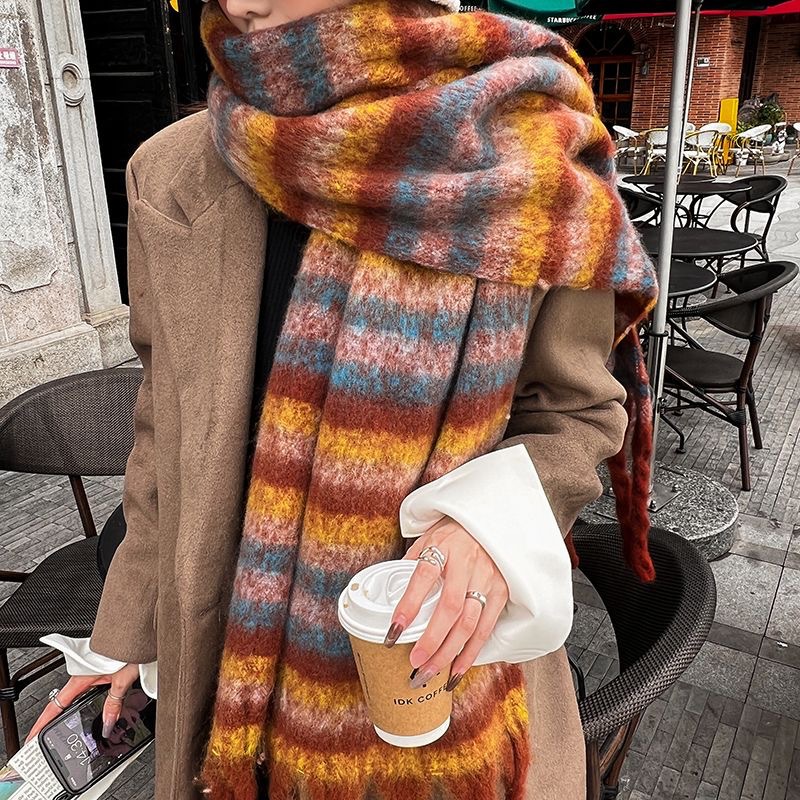 Korean version striped color contrast patchwork scarf mohair tassel scarf for women in winter, versatile shawl for_voghion.com