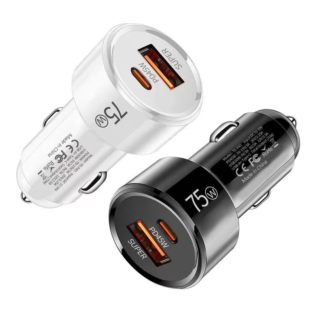 75W Fast Car Charger Universal Cigarette Lighter Socket Adapter Charging Dual Port Type-C Car Charger