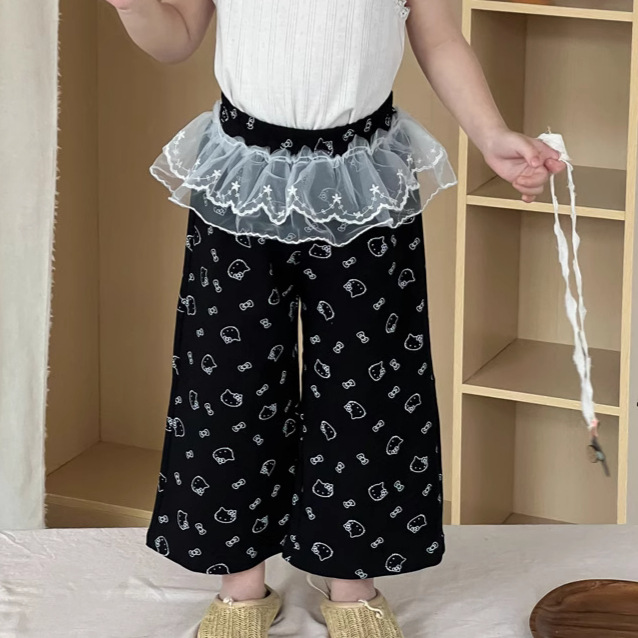 Wheat Field Season 2025 Summer New Children's Wear Korean Girls' Lace Lace Kitten Straight Pants Children's Summer Pants