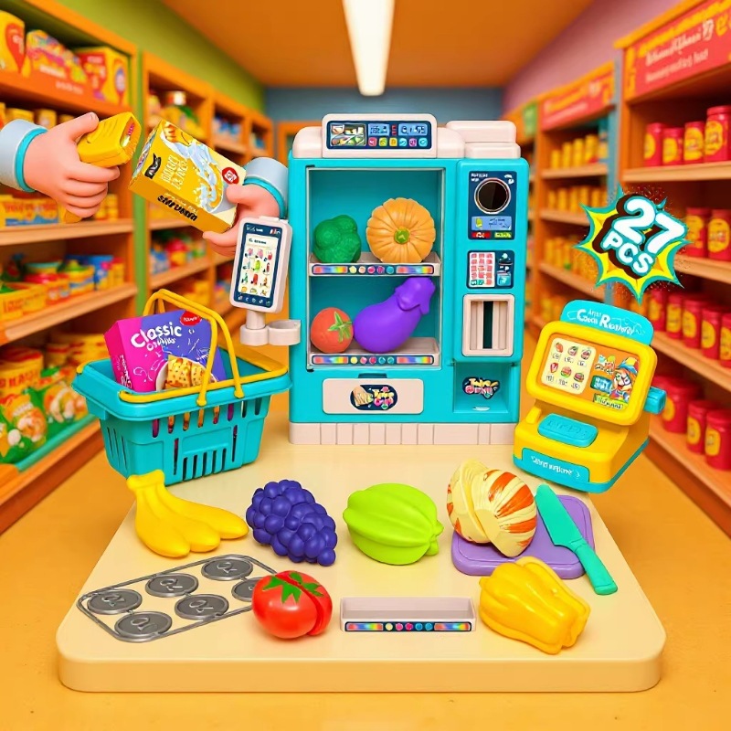 Transfronterizos niños simulan hamburguesas pastel de fruta pan mini supermercado cajero vendedor casera cesta de compras