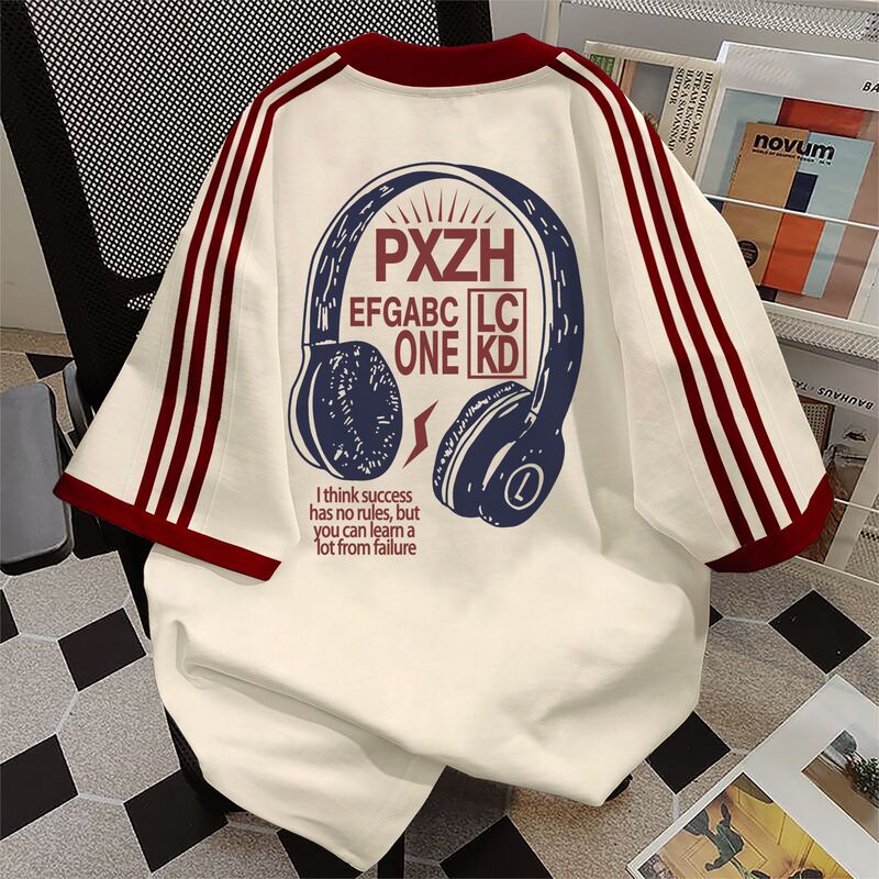 2025 Popular Retro Headphone Print American Pure Cotton Three-Stripe Splicing Short-Sleeved T-Shirt Women's Niche Inner Top 2025 Popular Retro Headphone Print American Pure Cotton Three-Stripe Splicing Short-Sleeved T-Shirt Women's Niche Inner Top