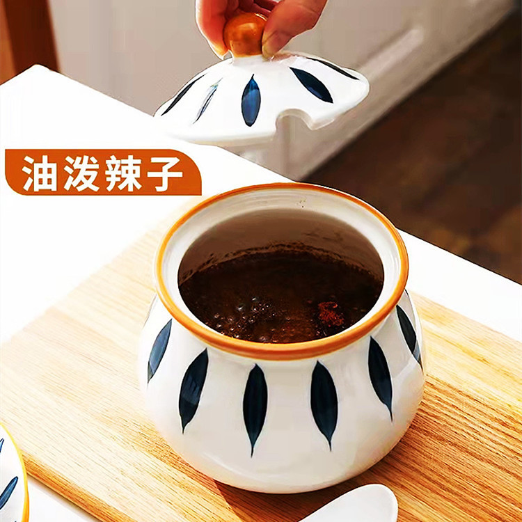 Cocina de estilo japonés de cerámica resistente a altas temperaturas gran tanque de aceite de cerdo con tapa hogar sal y azúcar tarro condimento botella tarro