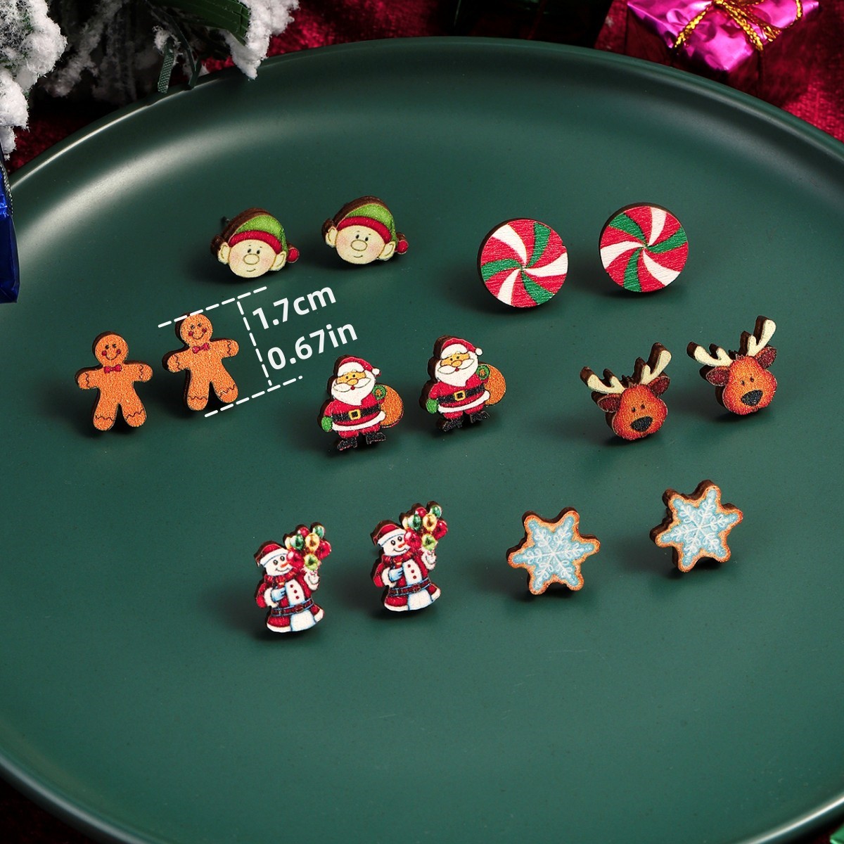 Wood Material 1 Pair Christmas Cute Christmas Tree Santa Claus Sock Wood Ear Studs