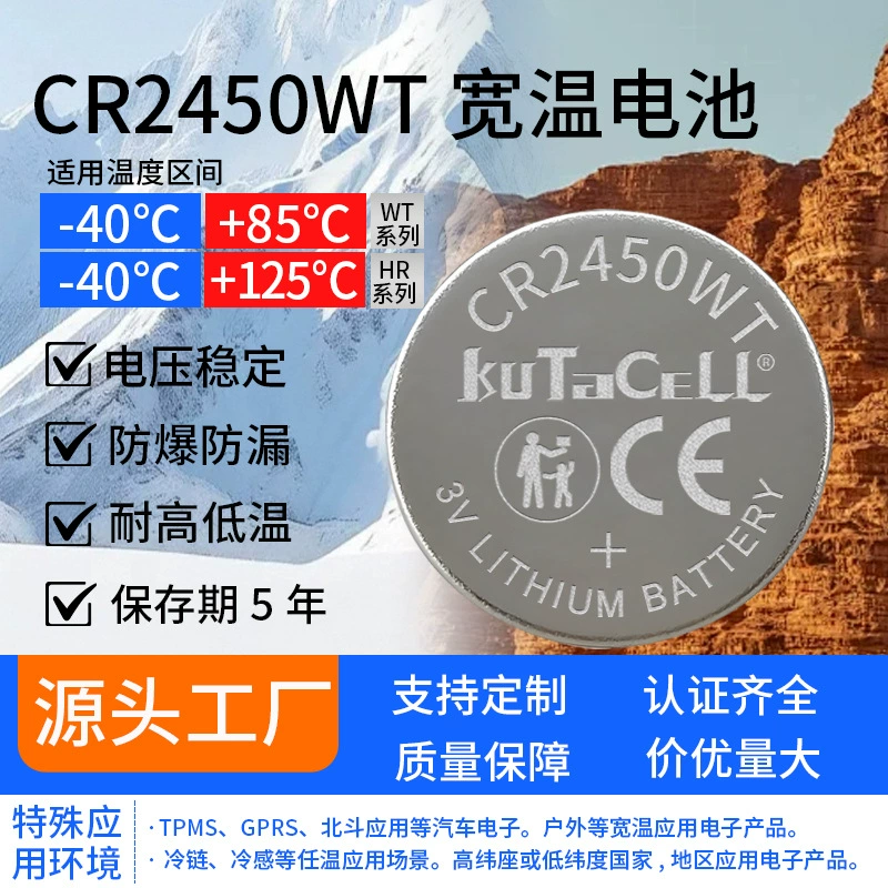 Батарейка CR2450WT с широким диапазоном температур для систем контроля давления в шинах, промышленных датчиков, устойчивая к высоким и низким температурам