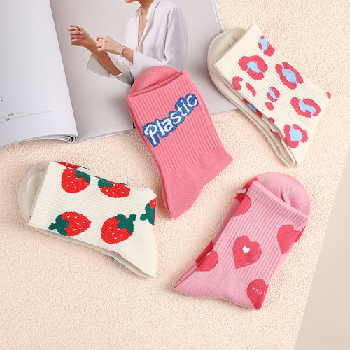 Pink peach heart tube socks ins cute casual versatile stockings women's spring and summer college boneless mid-high socks