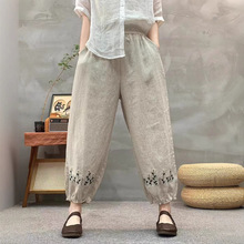 2025春夏纯亚麻女士松紧腰刺绣复古文艺气质宽松显瘦花边休闲裤