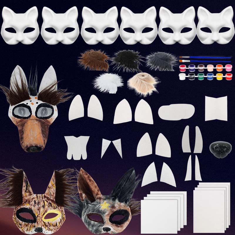 Máscara de zorro gato máscara DIY máscara de papel blanco máscara de gato con piel pegatinas de malla de ojos máscara de pulpa para Halloween