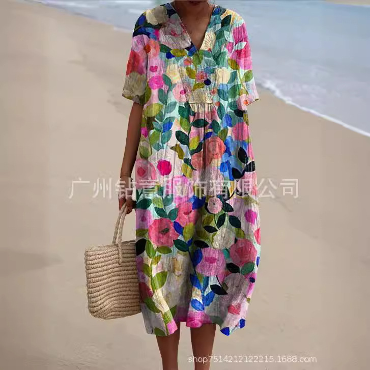 2025 새로운 크로스 경계 전자 상거래 아마존 루즈 캐주얼 Shuya V 넥 디지털 인쇄 주름 대형 버전 드레스