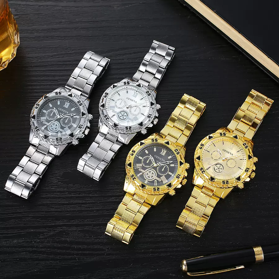 跨境爆款轻奢高级感商务金色钢带男款手表石英表设计合金首饰批发